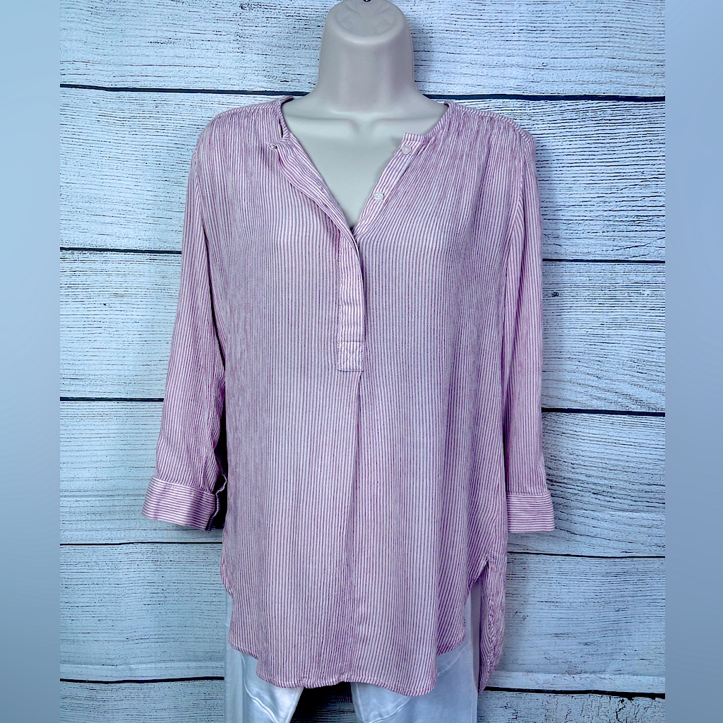Nine West Tunic Length Button Placket Split Neck Roll Tab Sleeves Blouse